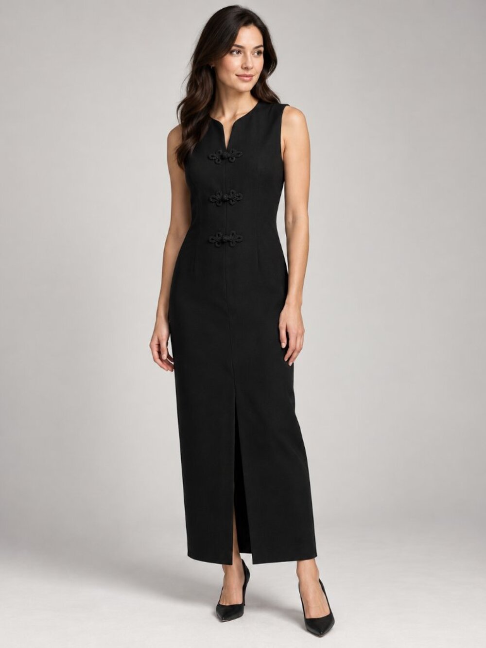 Marianna 10 Black Maxi Dress Frog Closure Sleeveless Vintage Evening Formal